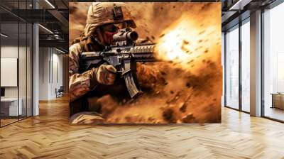 United States Army Special forces soldier in action with assault rifle in desert Wall mural