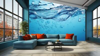 Water surface with air bubbles. Water texture. Water Drops. Water splash with bubbles on blue background. Copy space for text. Water wave and air bubbles in blue water background. Copy space. Wall mural