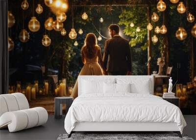 Wedding couple in the park at night. Bride and groom.  Wedding concept with copy space. Wall mural