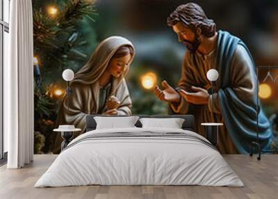 Mary and joseph admiring their son in a christmas nativity scene depicting the birth of jesus Wall mural