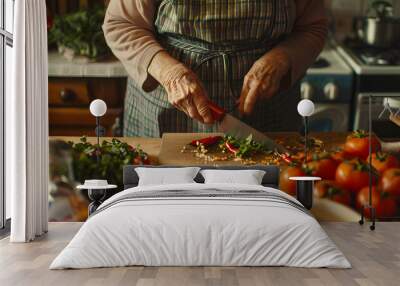 Midsection of senior caucasian woman chopping vegetables in kitchen Wall mural