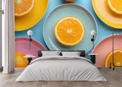 Minimal flatlay of slice Orange on colorful plates, Topview, pastel color plates Wall mural