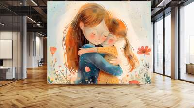 Mom hugs a girl, illustration Wall mural