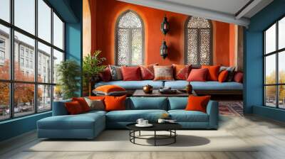 Moroccan-style living room interior with sofa, pillows and coffee table Wall mural