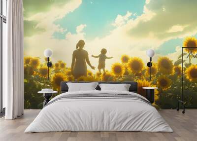 Mother and her child sailing among tall sunflowers laughing while trying to find their way out on a crisp summer afternoon Wall mural