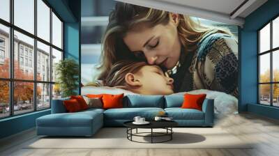 Mother consoles her sick daughter at the hospital recovering daughter and hugs her mother with love in the hospital Wall mural