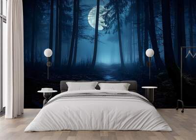 Mysterious forest with a moonlit path fog and a Halloween backdrop hint Wall mural