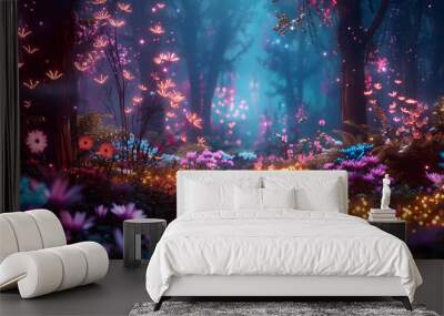 Neon fairy tale forest with luminous flowers, mystery path in dark magical woods, glowing plants and lights in wonderland. Concept of fantasy night, beauty, nature, landscape, art Wall mural