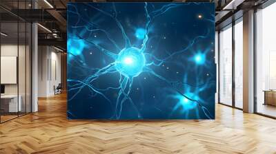 Nerve cell blue color banner, system neuron of brain with synapses. Medicine biology background. Generation Wall mural