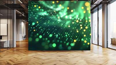 Network, connection and digital transformation for electronic database with bokeh effect. Abstract background of speed, light and neon green pattern for cloud computing and code transfer Wall mural