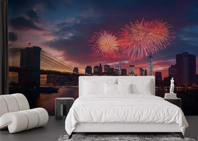 New York Manhattan panorama of Brooklyn Bridge with America USA flag, vanilla sky lots of fireworks at sunset. 4 July Independence Day celebration Wall mural