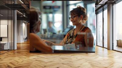 old woman bank teller wears a business style dress and glasses Wall mural