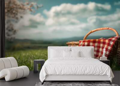 On green grass, a picnic basket against the backdrop of the landscape. A backdrop for relaxing and spending the weekend. Picnic and relaxation Wall mural