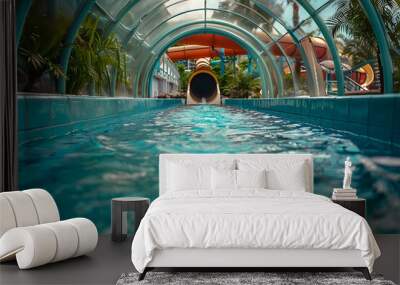 one tube water slide ending in a swimming pool in a tropical indoor water park Wall mural