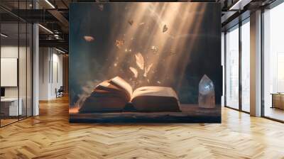 Open book Bible on wooden desk with mystic bright light fantasy light like holy spirit on black bokeh background magic poster 3d illustration Wall mural