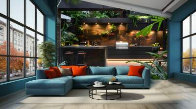 Outdoor entertainment area with builtin barbecue bar and lush plants. Concept Outdoor Photoshoot, Outdoor Design, Barbecue Bar, Lush Plants, Entertaining Space AI Wall mural