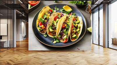 Overhead healthy vegetarian tacos on a plate with ingredients Wall mural