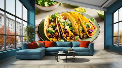 Overhead healthy vegetarian tacos on a plate with ingredients Wall mural