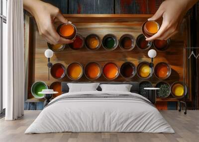 Overhead view of a tea tasting session with two hands holding small cups above various colors of tea infusions, placed on a wooden tray. Wall mural