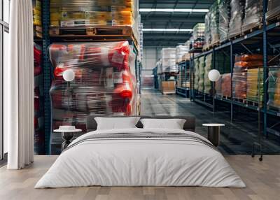 Pallet of wrapped food products in warehouse Wall mural