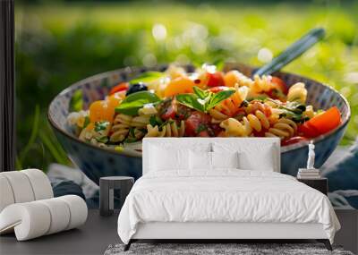 Pasta salad in a bowl outdoors Wall mural