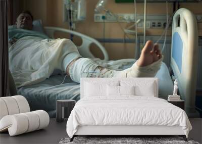 patient lying in hospital bed with broken leg bone wrapped in ca Wall mural