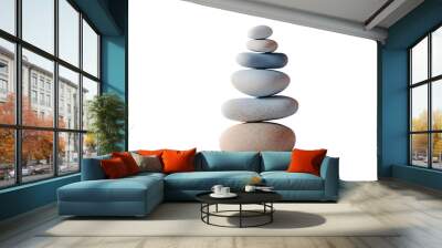 Pebble tower balance harmony pyramid stones arrangement on calm blue relaxing background. Simple poise stones, simplicity harmony and balance, rock zen sculptures concept Wall mural