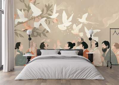 Pentecost. The descent of the Holy Spirit on the Apostles. Digital illustration. Wall mural