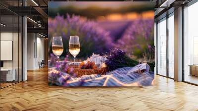 Picnic blanket with wine glasses at a lavender field in France during summer Wall mural