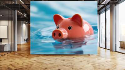 Piggy bank drowning in water, symbolizing financial crisis, debt, or savings risk with a blue water background Wall mural