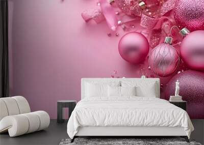 Pink christmas decorations on pink background Wall mural