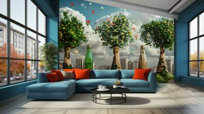 Planet vs. Plastics , Earth day 2024 concept 3d tree background. A bottle of water with a green forest inside, the idea is to recycle old plastic bottles, think green. Wall mural