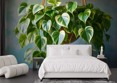 plant bush with hanging vines of green variegated heart shaped leaves devil s ivy or golden pothos epipremnum aureum the tropical foliage houseplant Wall mural