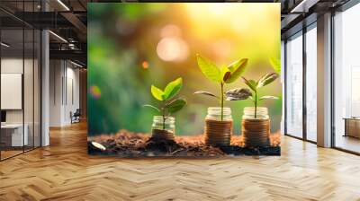 Plants On Money In Increase With Flare Light Effects - Money Growth Concept Wall mural