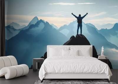 Positive man celebrating on mountain top, with arms raised up, illustration Wall mural