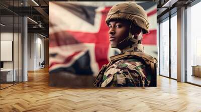 Powerful portrait of a soldier proudly standing against a backdrop adorned with the United Kingdom flag Wall mural