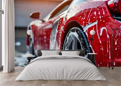 Professional Car Wash Red Sportscar with Shampoo close-up Wall mural