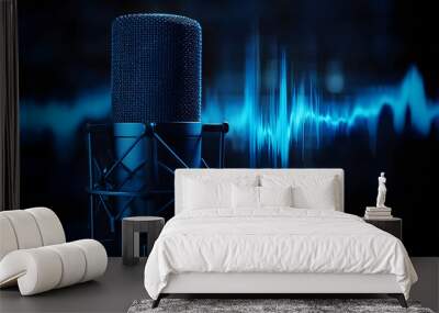 Professional microphone with blue audio wave. Wall mural