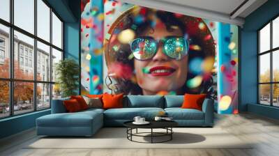 promotional photo with glitter confetti with frame in the centre and text Wall mural