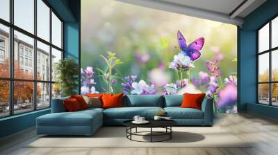 Purple butterfly on wild white violet flowers in grass in rays of sunlight, macro. Spring summer fresh artistic image of beauty morning nature. Selective soft focus. Wall mural