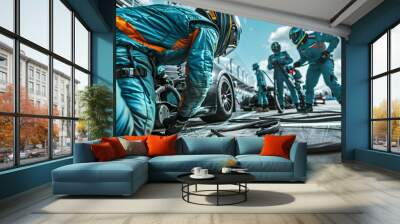 Racing team poised on the track for action. Pit crew in action during a tire change at a race track. Wall mural