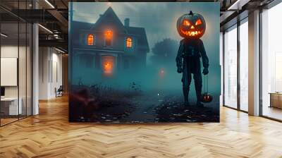 Raster illustration of man with a halloween pupkin head. Houses shrouded in white fog, twilight, dark terrifying silhouettes, horror, night, evil spirits. Mystic concept. 3D artwork raster background Wall mural