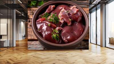 Raw chicken giblets liver, meat background. Wall mural