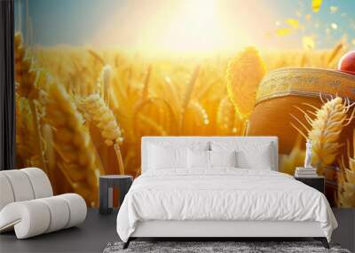 Realistic baisakhi celebration background with traditional symbols in wheat field. Wall mural