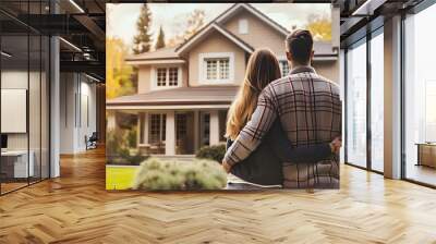 Rear view of young married couple chooses and buys house Wall mural