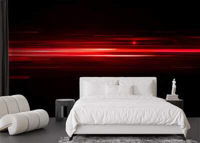 Red speed light horizontal straight line on black background. Realistic vector illustration of abstract neon or laser glow motion effect. Long dynamic flare beam and ray with sparkle in movement. Wall mural