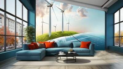 renewable energy banner background with green energy as wind turbines and solar panels Wall mural