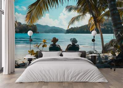 Retired traveling couple resting together on sun loungers during beach vacations on a tropical island Wall mural