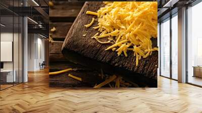 Rustic wooden board with shredded sharp cheddar cheese viewed from below perfect for adding text Includes a copy space image Wall mural