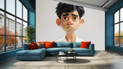 Sad bored upset Asian cartoon character young man male boy person wearing white shirt in 3d style design on light background. Human people feelings expression concept Wall mural